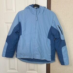 Lands End Kids Blue Hooded Zip Up Winter Jacket Size M 10-12 Fleece Lined